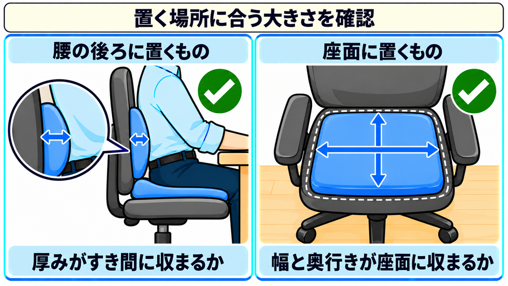 腰の後ろに置くものは厚みがすき間に収まるかを見る図と、座面に置くものは幅と奥行きが座面に収まるかを見る図