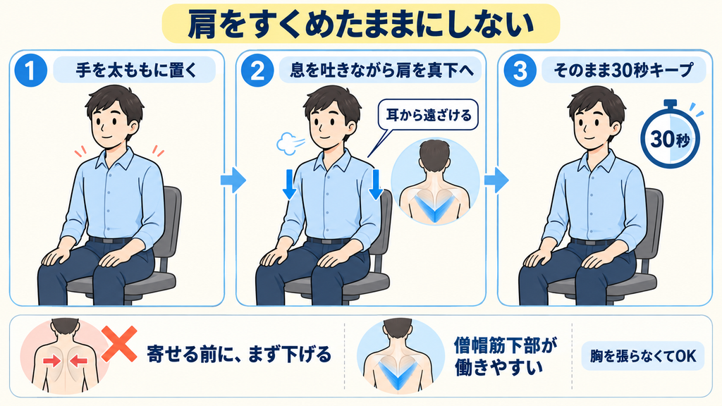 椅子に座り、息を吐きながら両肩を真下へ引き下げて30秒キープする手順を3コマで示したイラスト