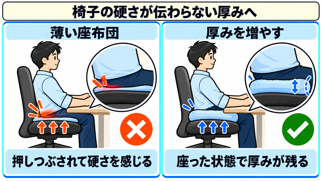 薄い座布団が押しつぶされて椅子の硬さを感じる様子と、座った状態でも厚みが残る座布団を比べた図