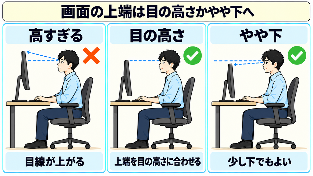 画面が高すぎて目線が上がる状態、画面の上端が目の高さにある状態、やや下にある状態の3つを比べた図