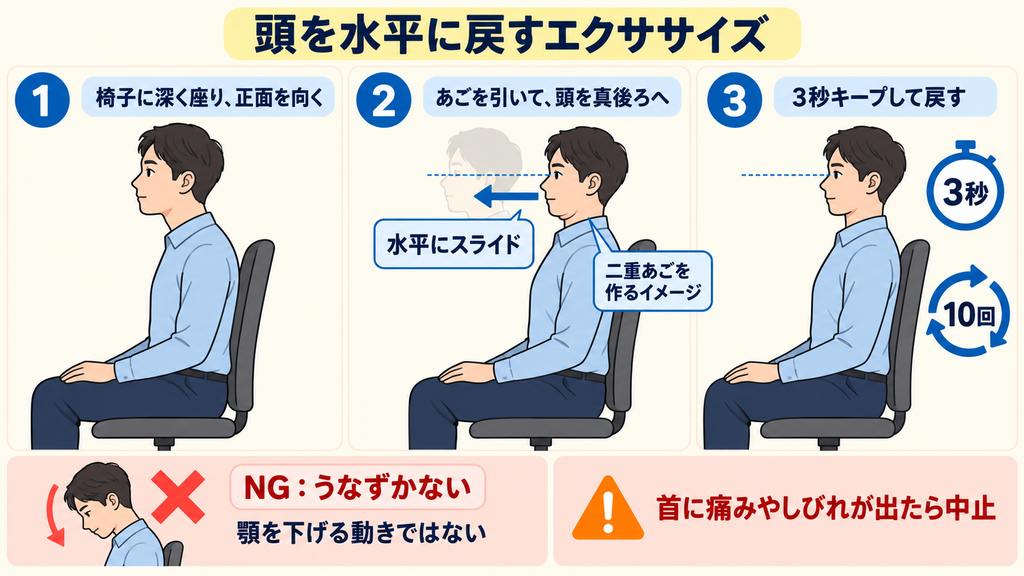 あごを引いて頭を水平に後ろへスライドさせ、3秒キープを10回行う手順を3コマで示したイラスト