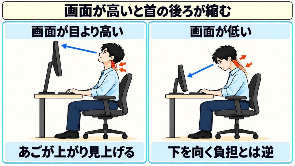 画面が目より高くあごが上がって見上げる姿勢と、画面が低く下を向く姿勢を比べた図