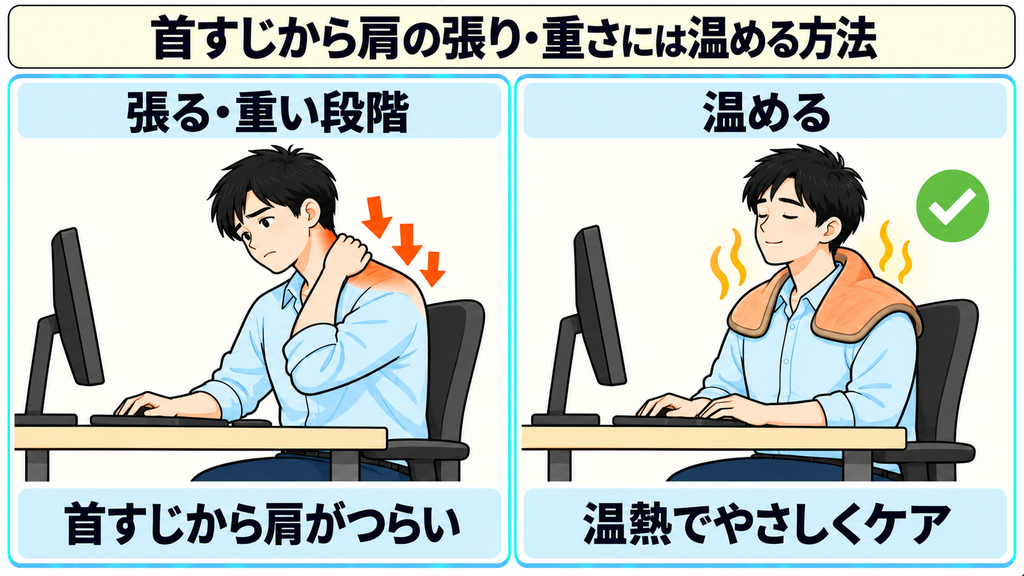 首すじから肩が張ってつらい様子と、温熱グッズで肩を温めている様子を比べた図