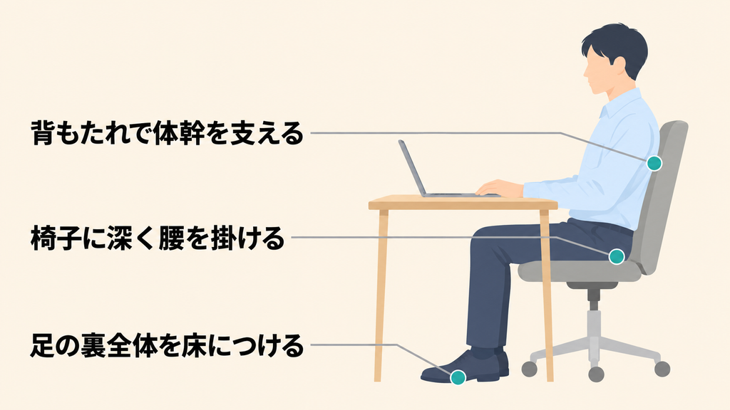 椅子に深く腰を掛け、背もたれで体幹を支え、足の裏全体を床につけた座り方の3点を示した図