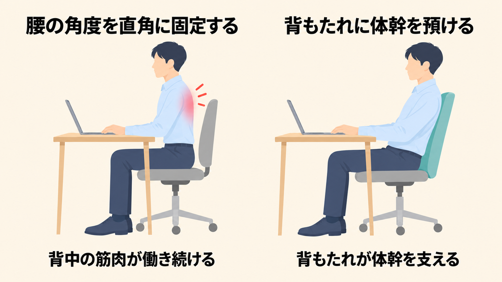 腰の角度を直角に固定した座り方と、背もたれに体幹を預けた座り方を左右に並べ、背中の筋肉の働き方の違いを示した図