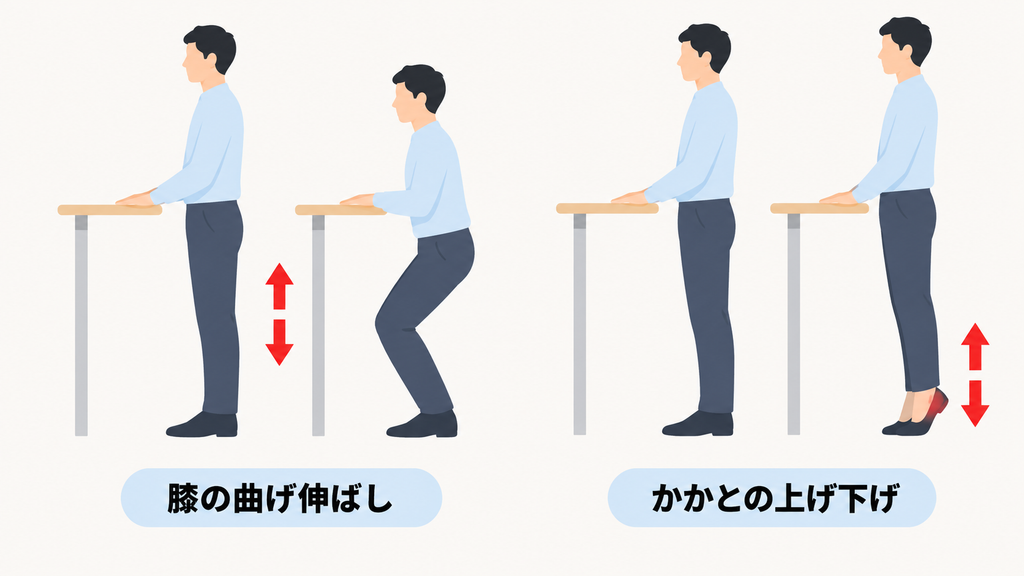 立ったまま行う小休止の例。膝の曲げ伸ばしとかかとの上げ下げ