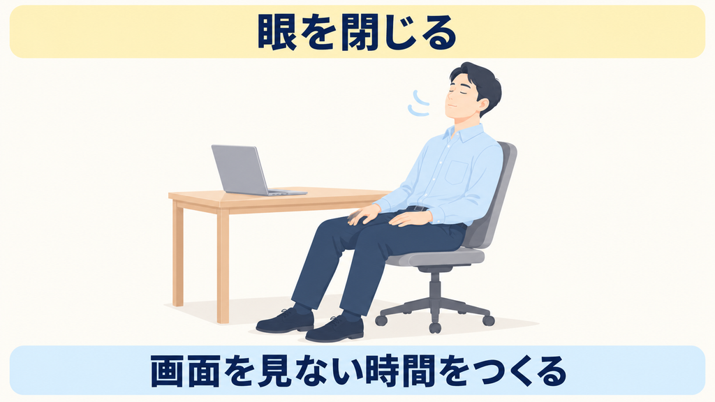 椅子に座ったまま目を閉じ、画面を見ない時間をつくっている様子の図