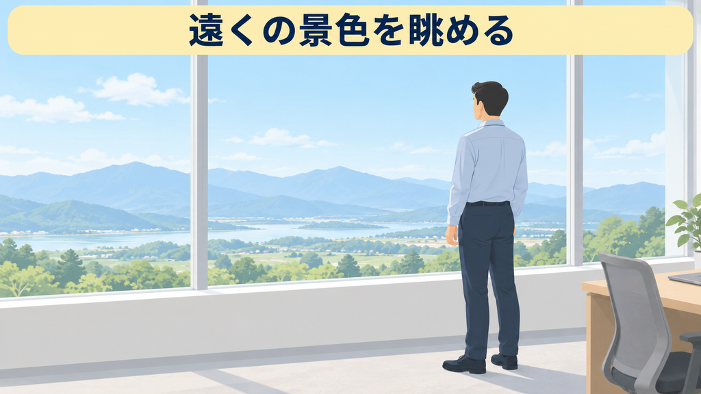 窓辺に立ち、遠くの山と湖を眺めている様子の図