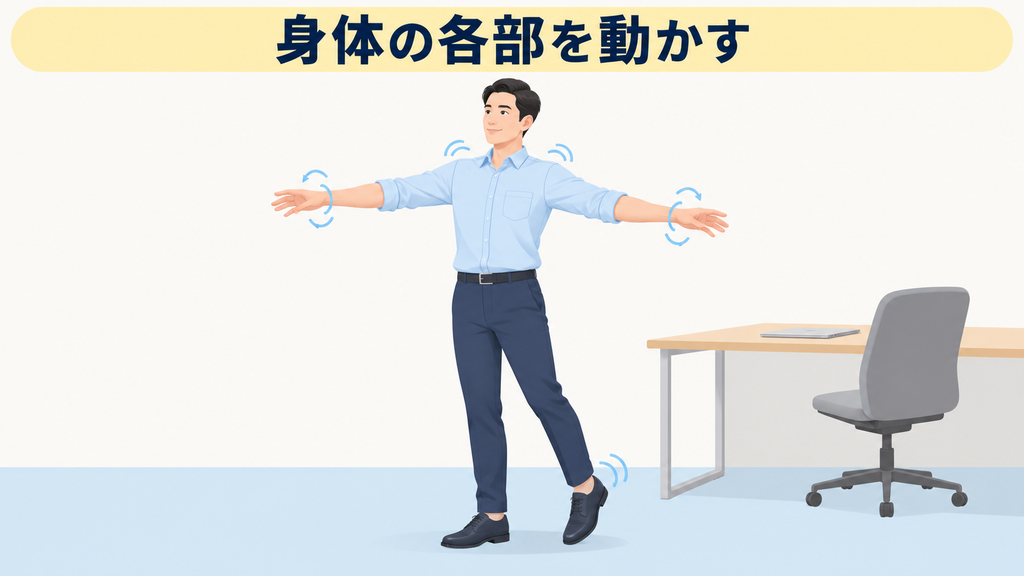 席を立ち、両腕を横に広げて身体を動かしている様子の図